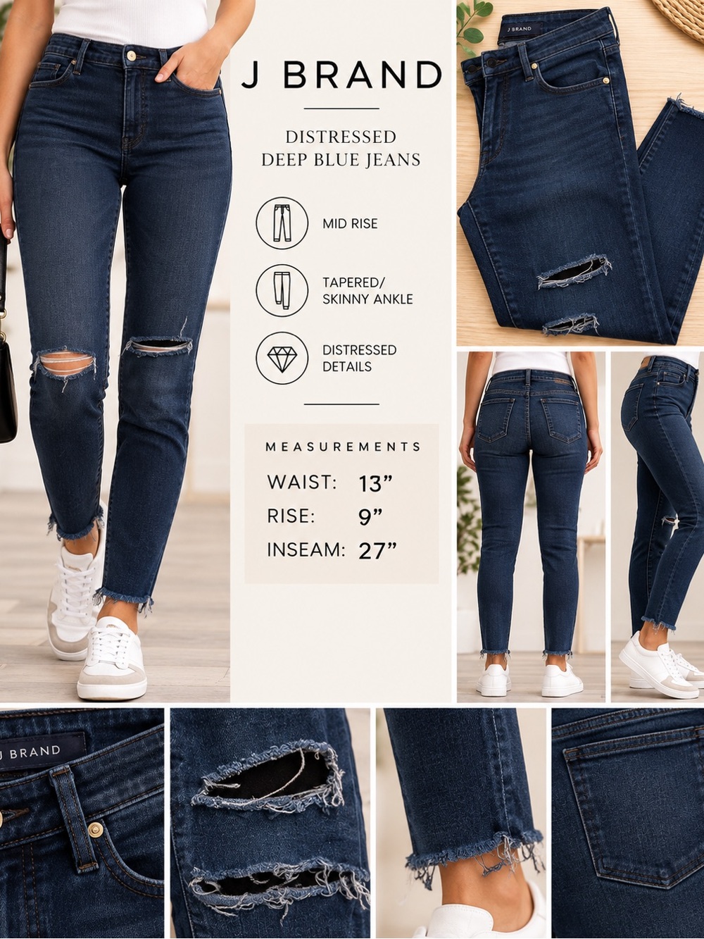 J Brand Dark Blue Distressed Mid-Rise Skinny Ankle Jeans